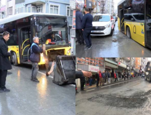 İETT otobüsü çöken yolda kaldı
