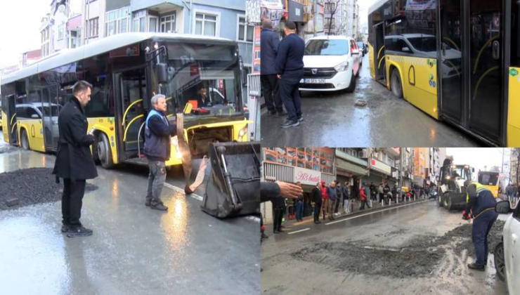İETT otobüsü çöken yolda kaldı